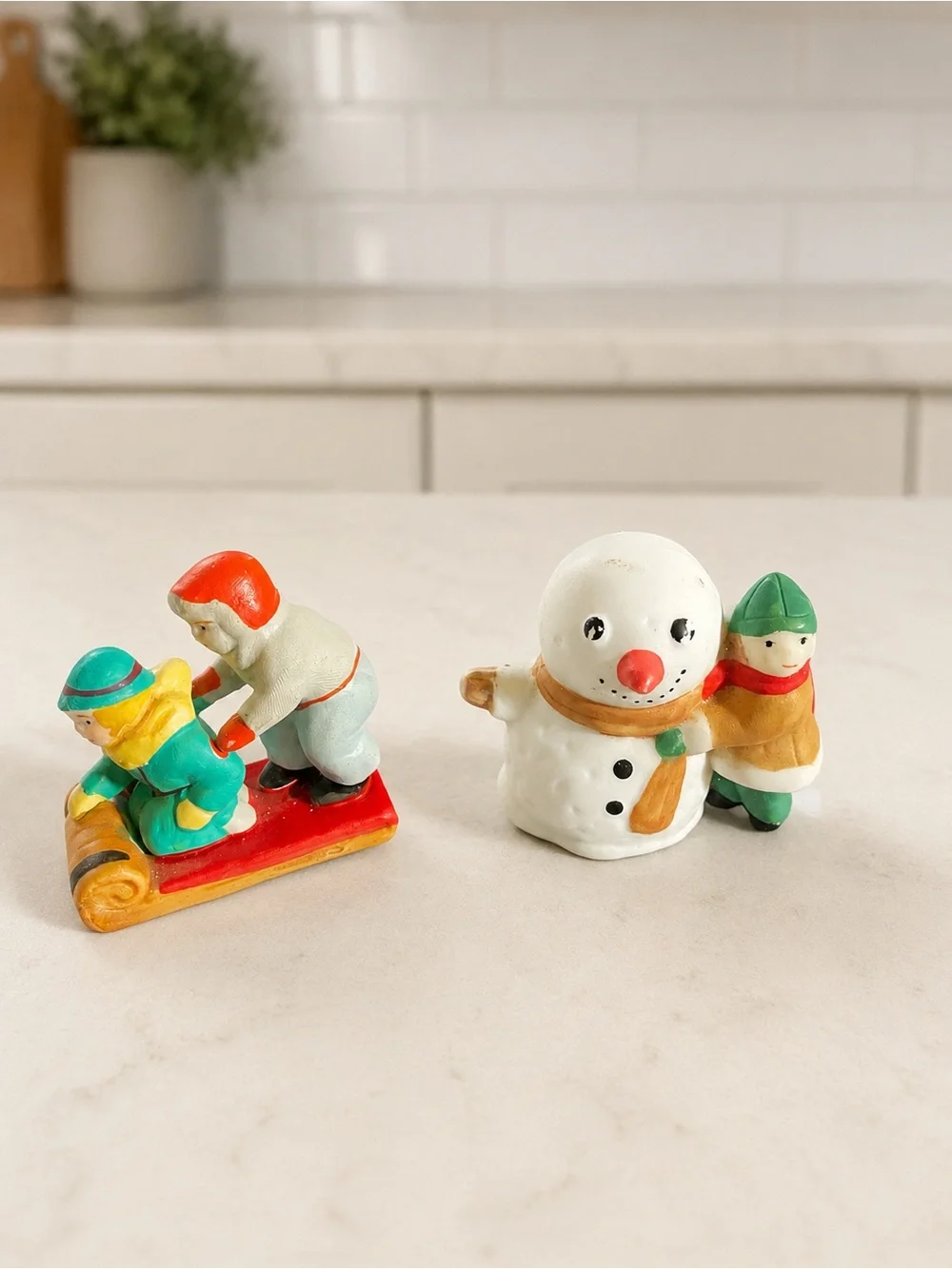 Set of 2 Lemax Mini Christmas Figurines Snowman & Sledding Children Holiday Deco